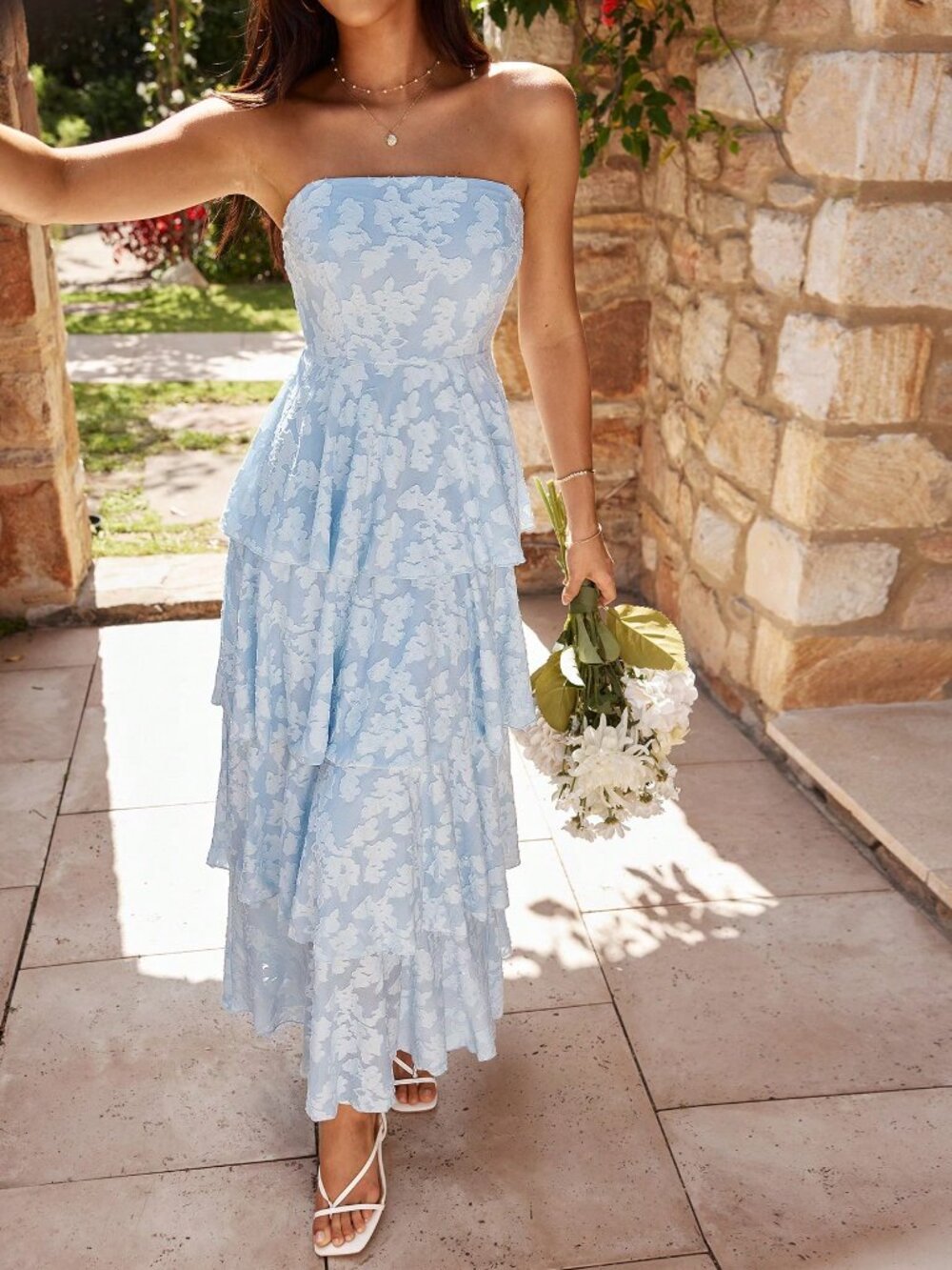 Baby Blue Elegant Women's Floral Strapless Maxi Dress with Tiered Ruffle - Picture 7 of 8